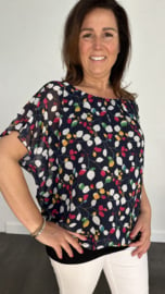 Blouse met boord small leaves marine/ fuchsia