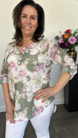 Kanten blouse gebloemd 2-delig army