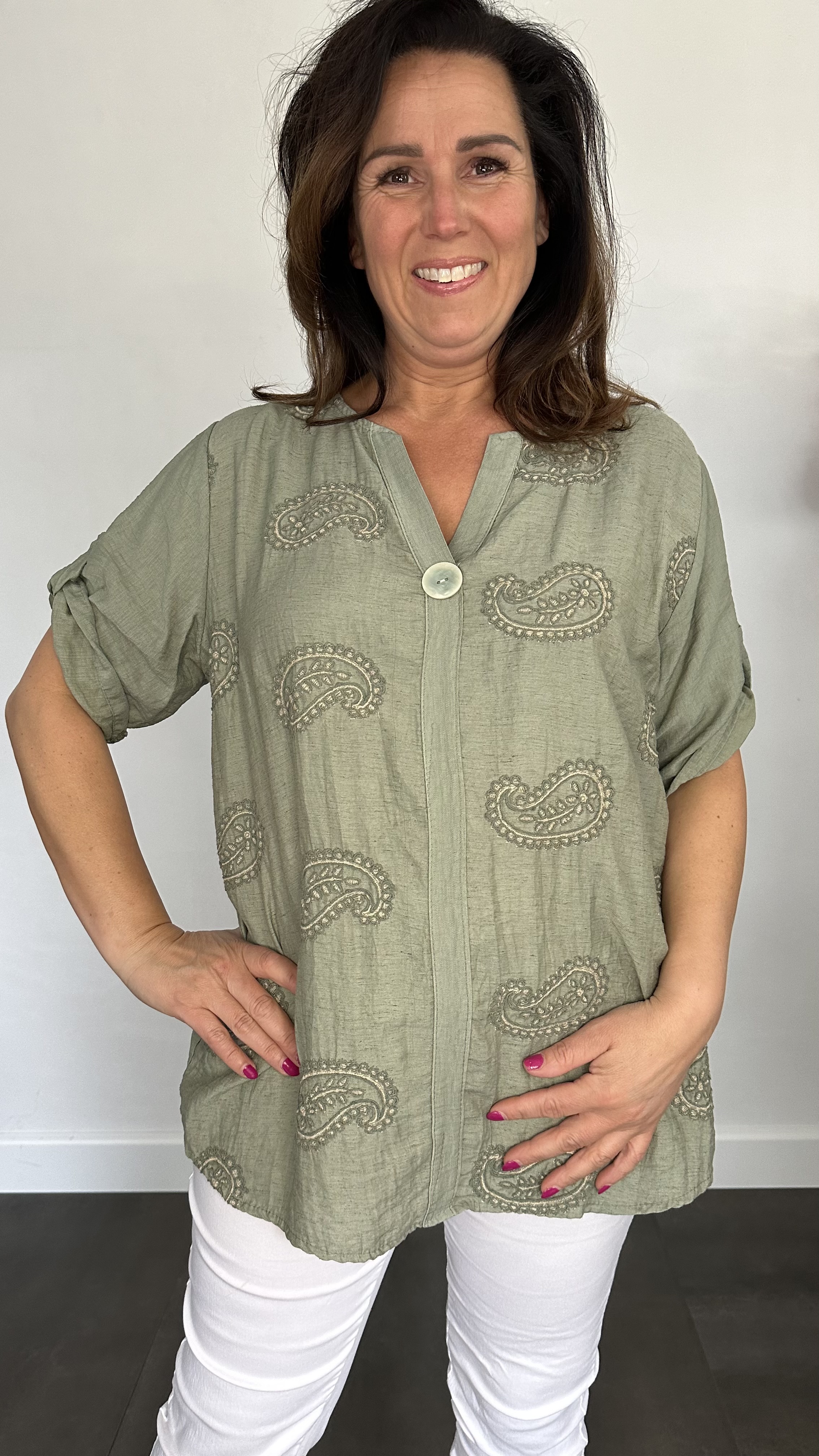 Linnenlook blouse met knoop Amanda army