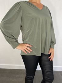 Shirt met v-hals en pofmouw travel army SALE