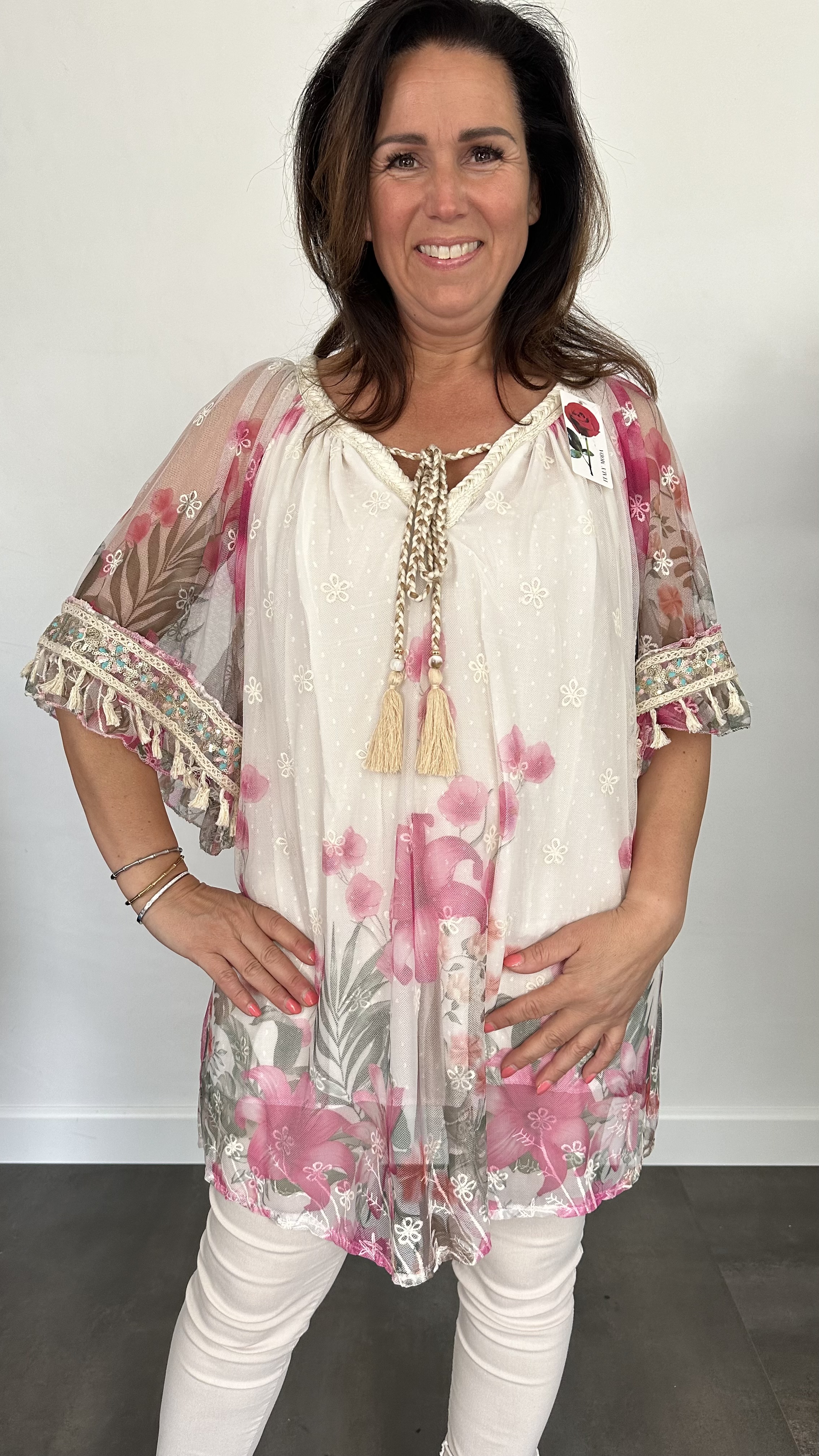 Tule tuniek met bloemen print +SIZE fuchsia