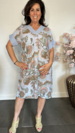 Linnenlook jurk met gehaakt kant Gebloemd IJsblauw