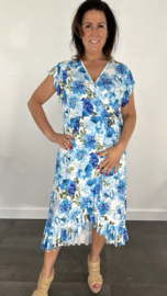 Stretch overslag jurk roos licht blauw