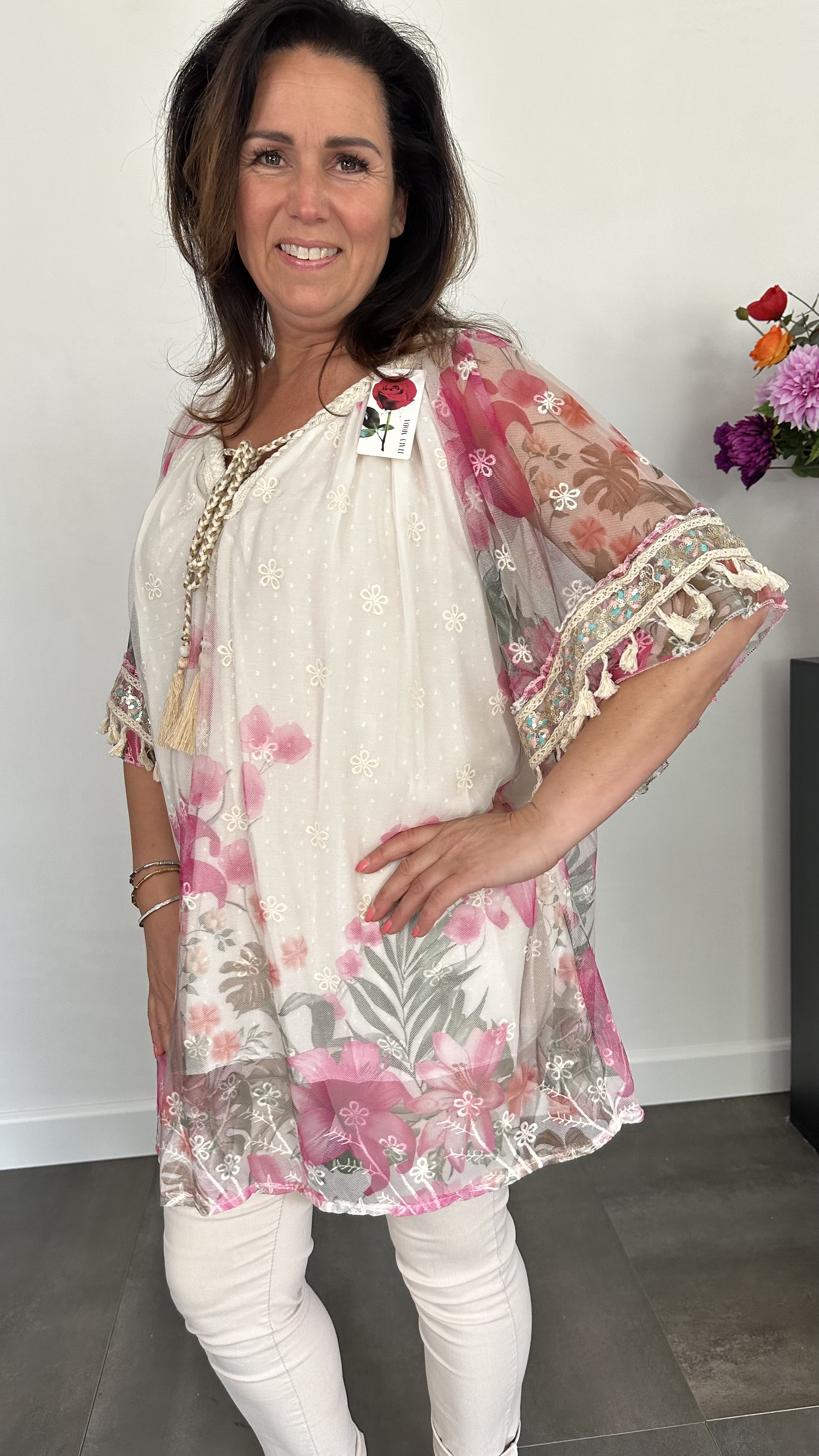 Tule tuniek met bloemen print +SIZE fuchsia