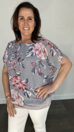 Blouse met boord bloemen grijs
