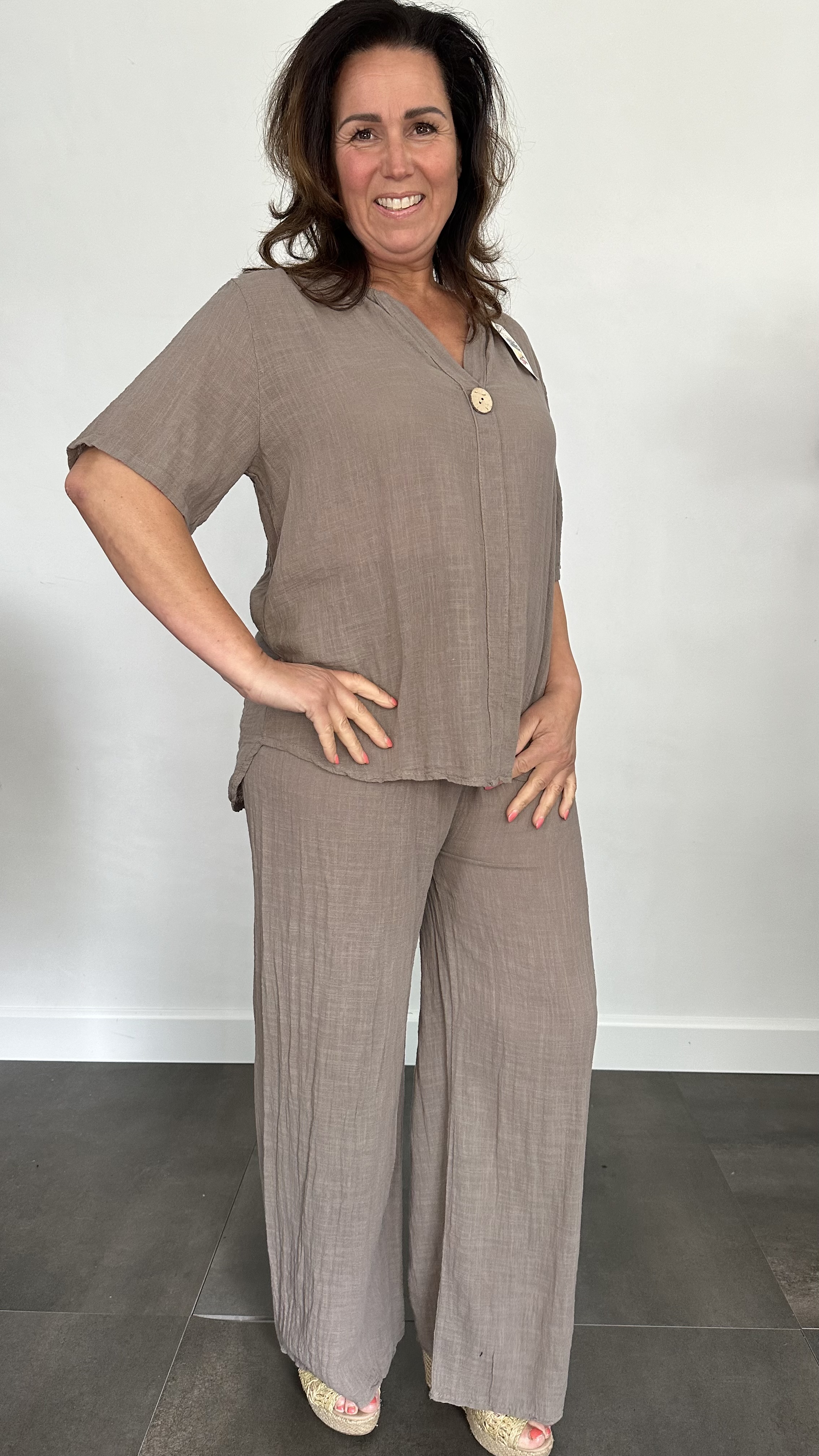 2-Delig linnenlook pak taupe