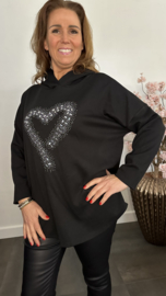 Sweater met capuchon/ glitter hart Zwart