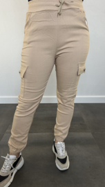 Cargo stretch broek met elastiek  Zand SALE
