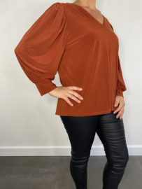 Shirt met v-hals en pofmouw travel cognac