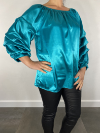 Silky blouse met gesmokte mouw turquoise