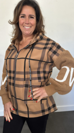 Geruit vest met gebreide mouw en capuchon cognac