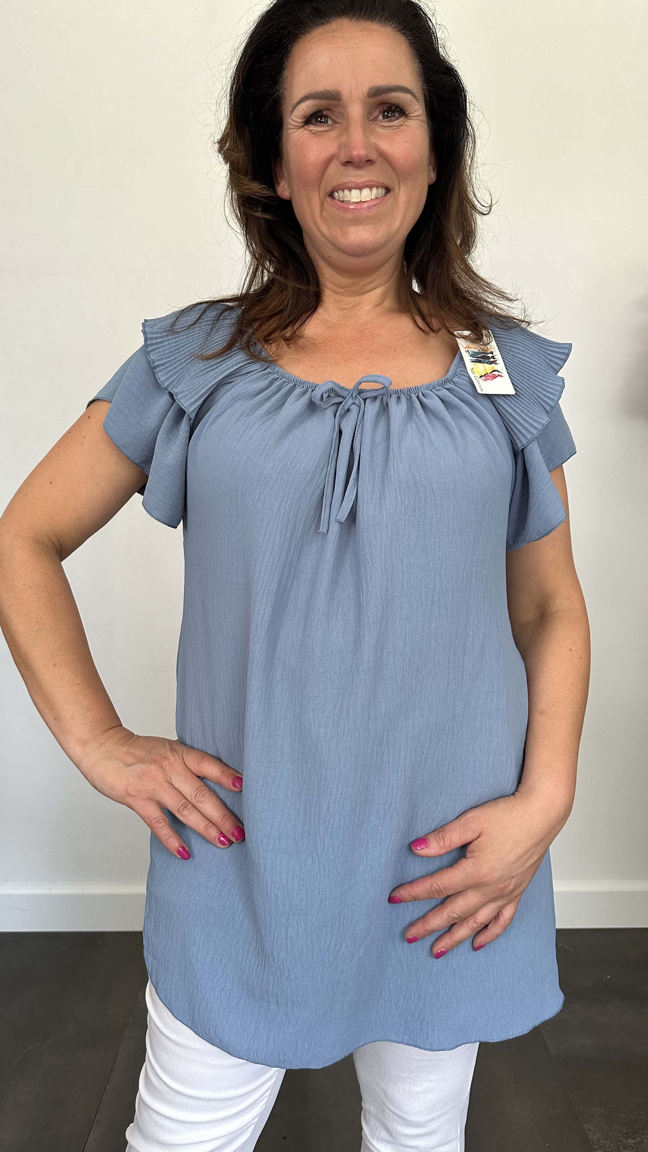 Top Kenza met plissé ruche jeans blauw (licht) SALE