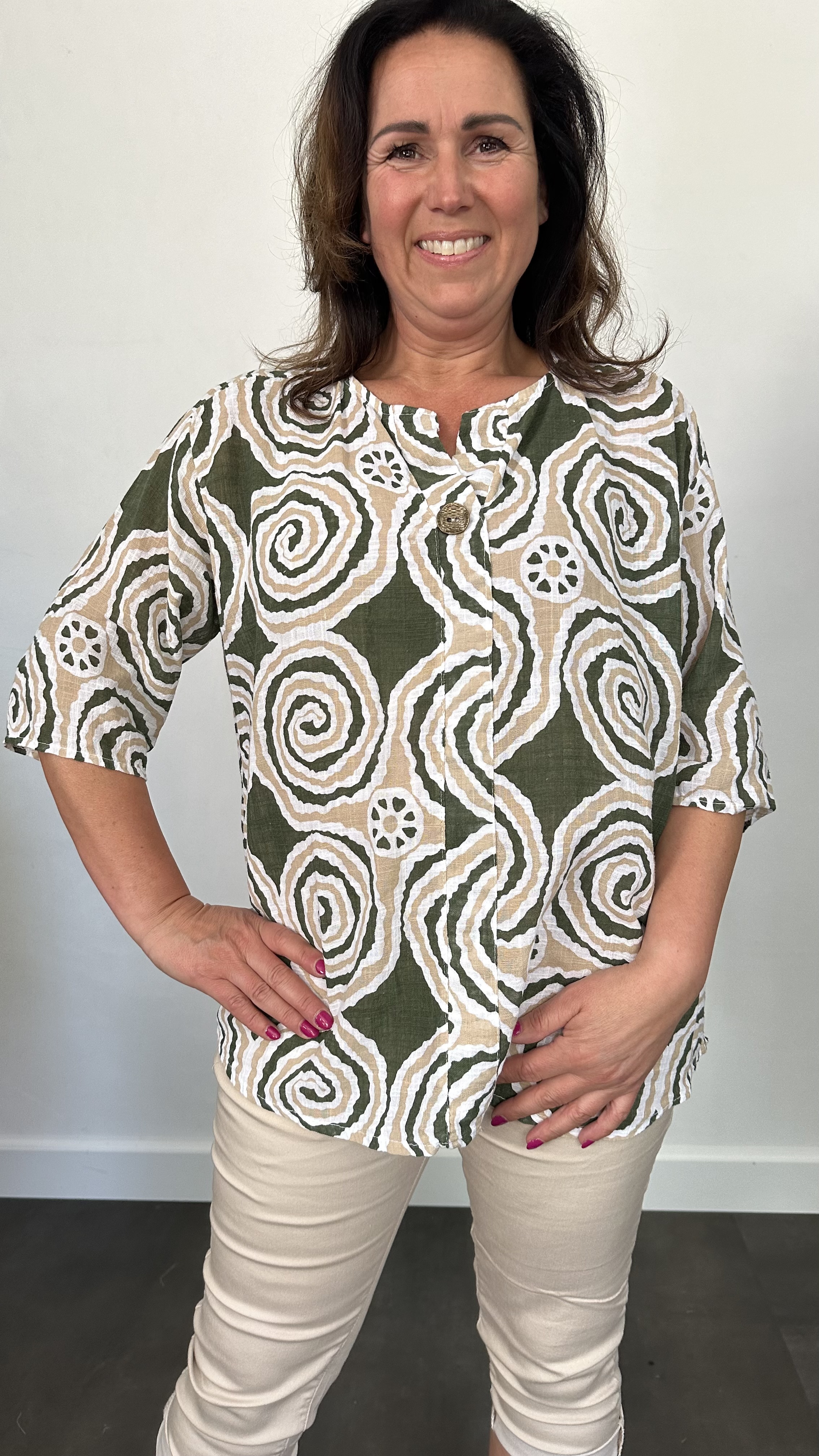 Linnenlook blouse cirkels army