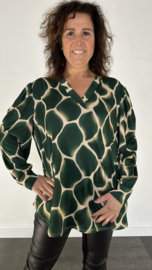 Velvet shirt met v-hals en pofmouw giraffe +SIZE groen