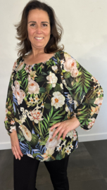 Ballon blouse  palm roos kobalt /zwart/groen +SIZE extra