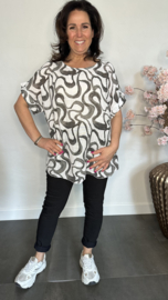 Linnenlook shirt Waves wit/ zwart