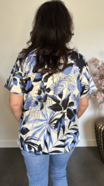Ballon shirt met elastiek Palm Leaves blauw/wit