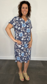 A-lijn jurk met korte mouw denim flower blauw