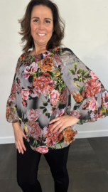 Blouse met gesmokte band roos zwart/grijs