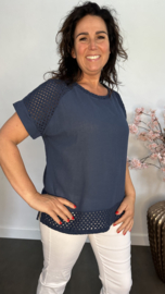Linnenlook shirt met gehaakt kant Marine