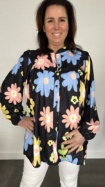 Blouse Lizzy met pofmouw bloemen zwart