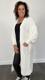 Lang grof gebreid vest met pofmouw ecru