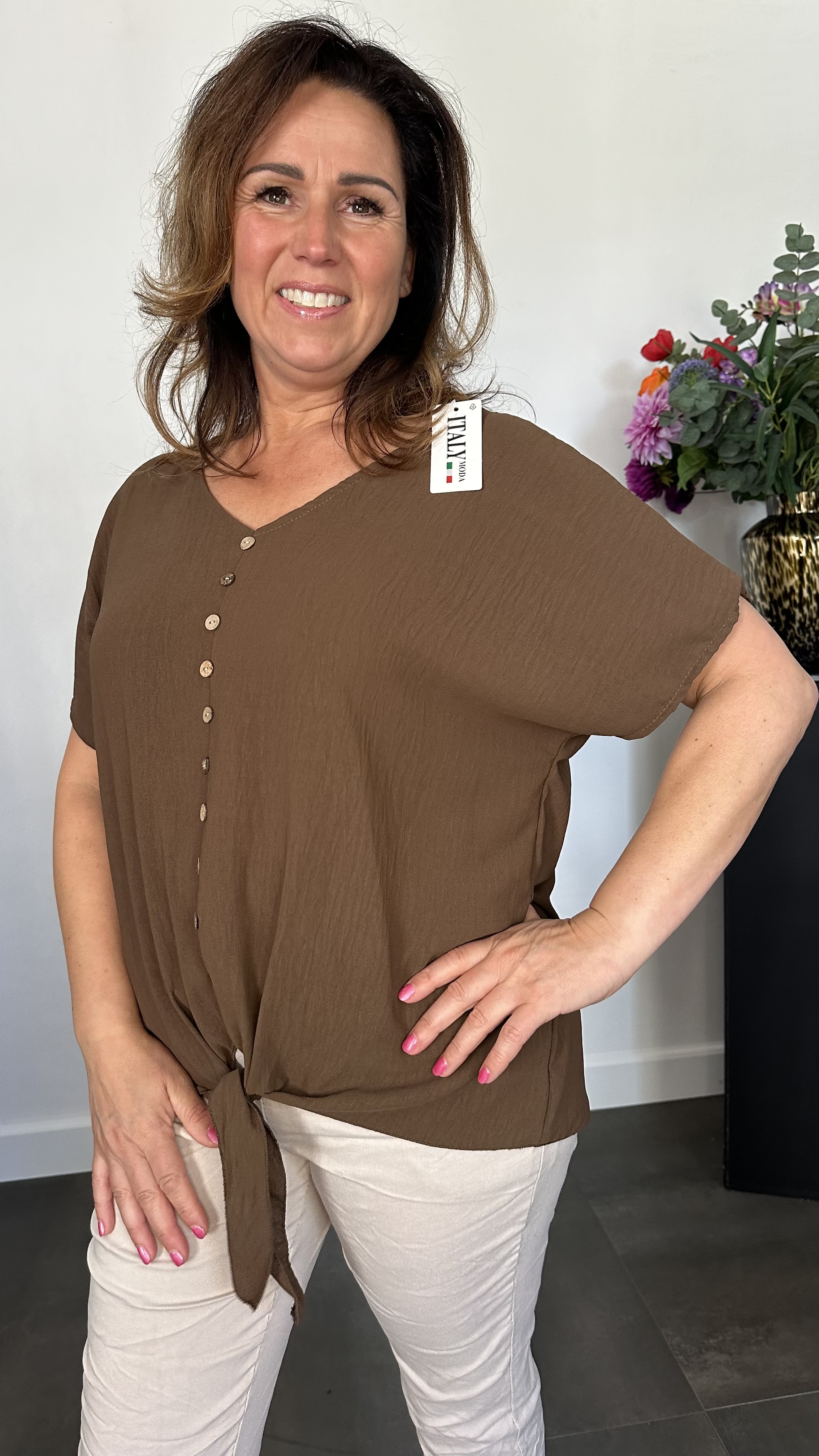 Crepe shirt met knoop bruin