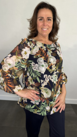Blouse met gesmokte band palm roos marine/ ecru SALE