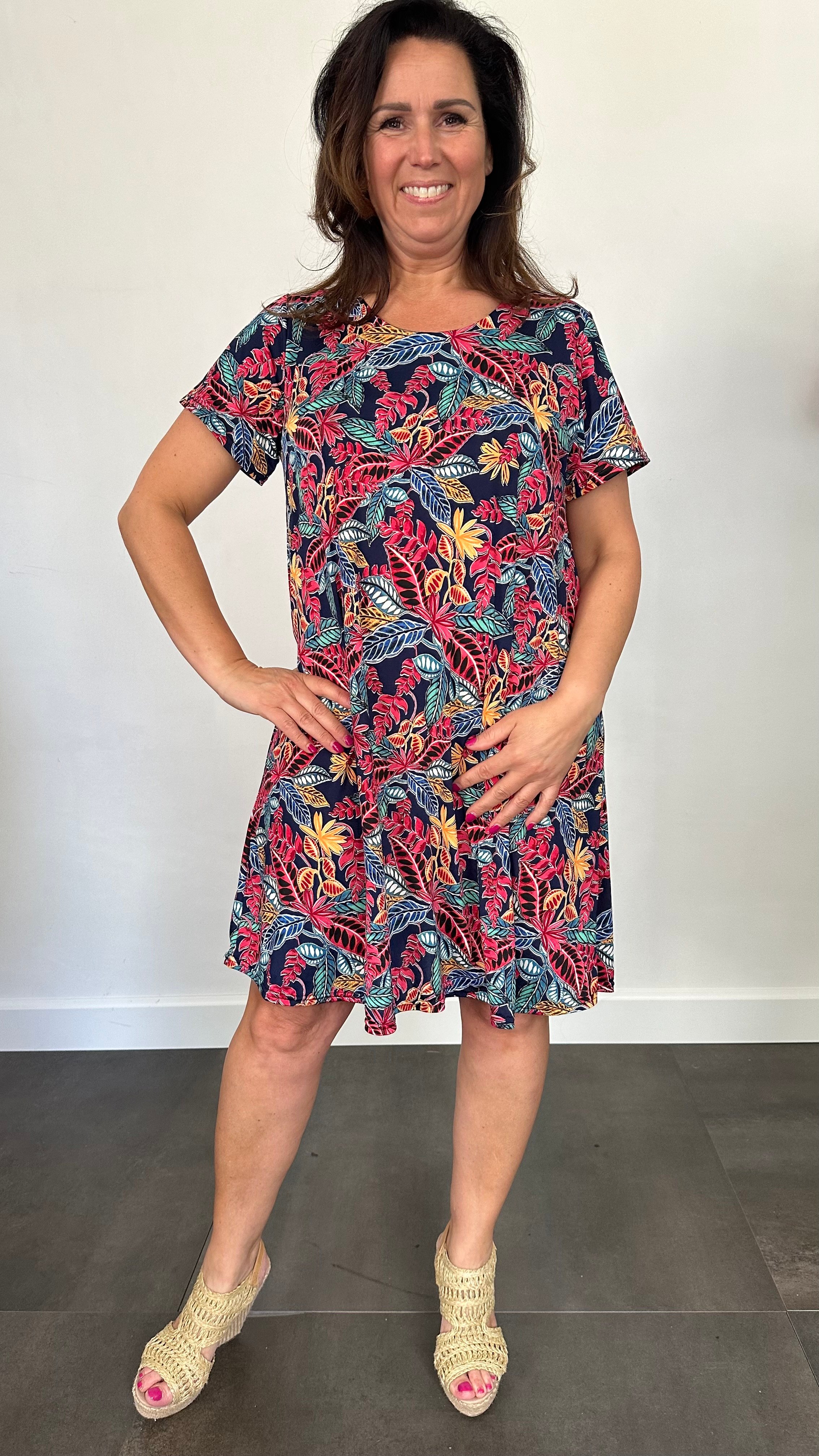 Jurk Dorena leaves marine/rood