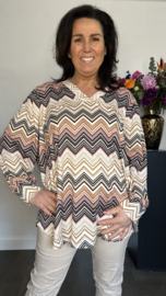 Soft shirt met v-hals en pofmouw Zig zag cognac/zwart