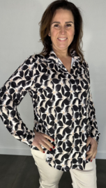 Stretch blouse travel retro flower zwart