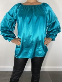 Silky blouse met gesmokte mouw turquoise