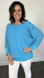 Blouse met boord lange mouw turquoise