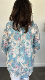 Kanten blouse gebloemd 2-delig turquoise