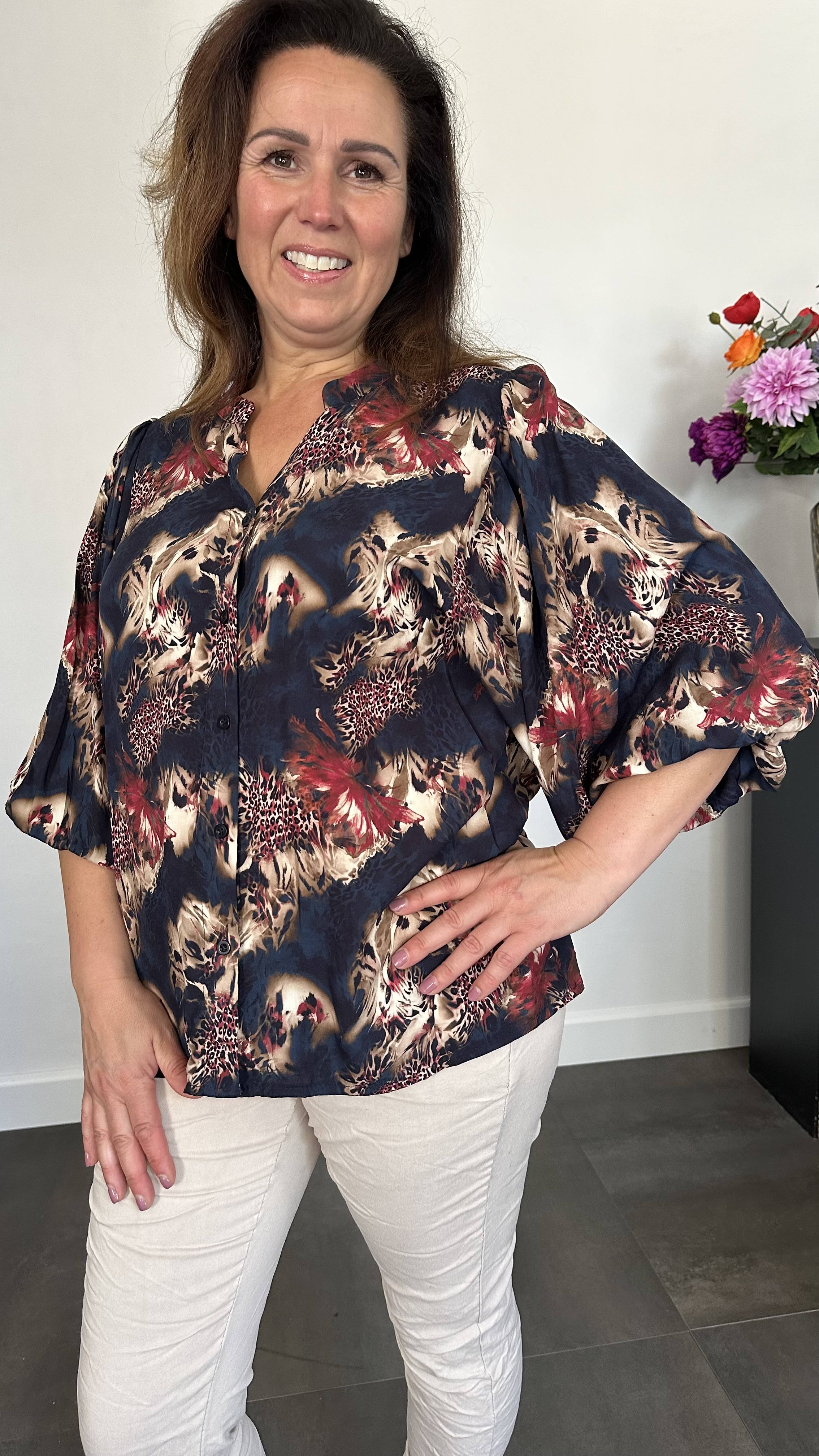 Blouse animal mix met 3/4 pofmouw marine