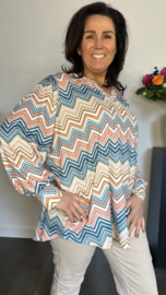 Soft shirt met v-hals en pofmouw Zig zag turquoise/camel