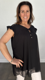 Voile blouse met ruche en kant zwart +SIZE