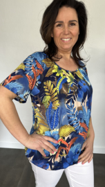 Ballon shirt met elastiek gebloemd blauw (+size)