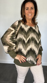 Blouse met boord lange mouw +Size Extra zigzag army