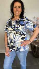 Ballon shirt met elastiek Palm Leaves blauw/wit