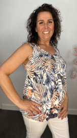 Ballon top met V-hals Exotic palm marine/peach