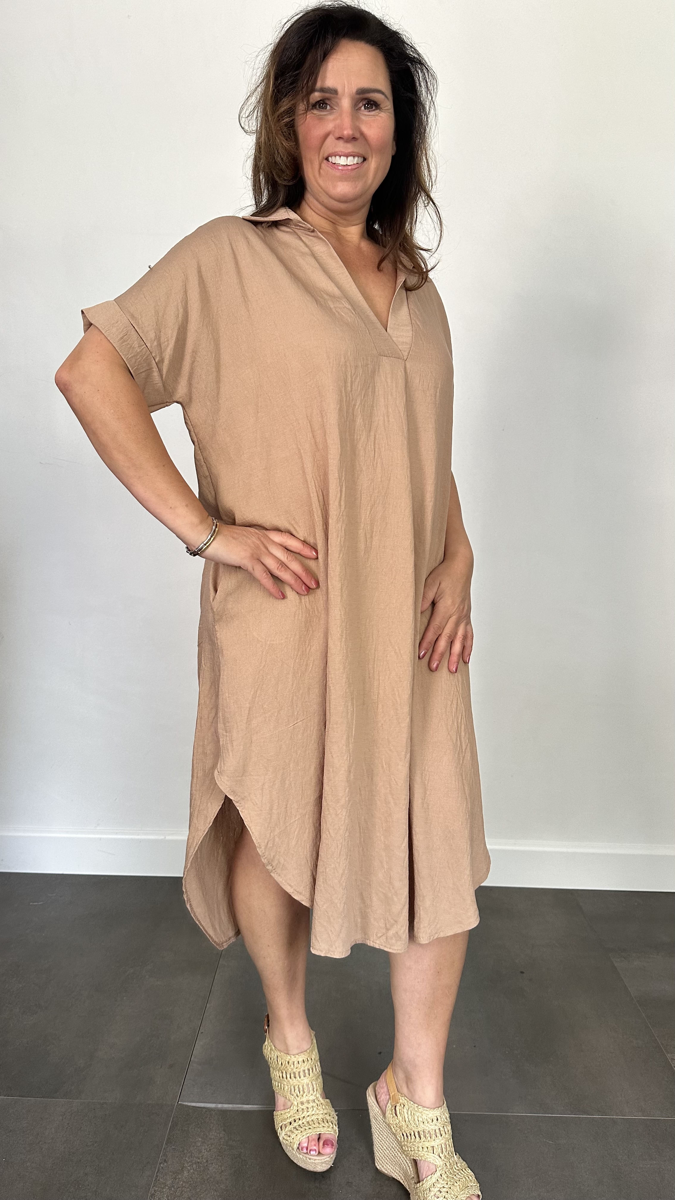 Jurk Leya uni +Size Camel