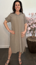 Linnenlook jurk met gehaakt kant Taupe