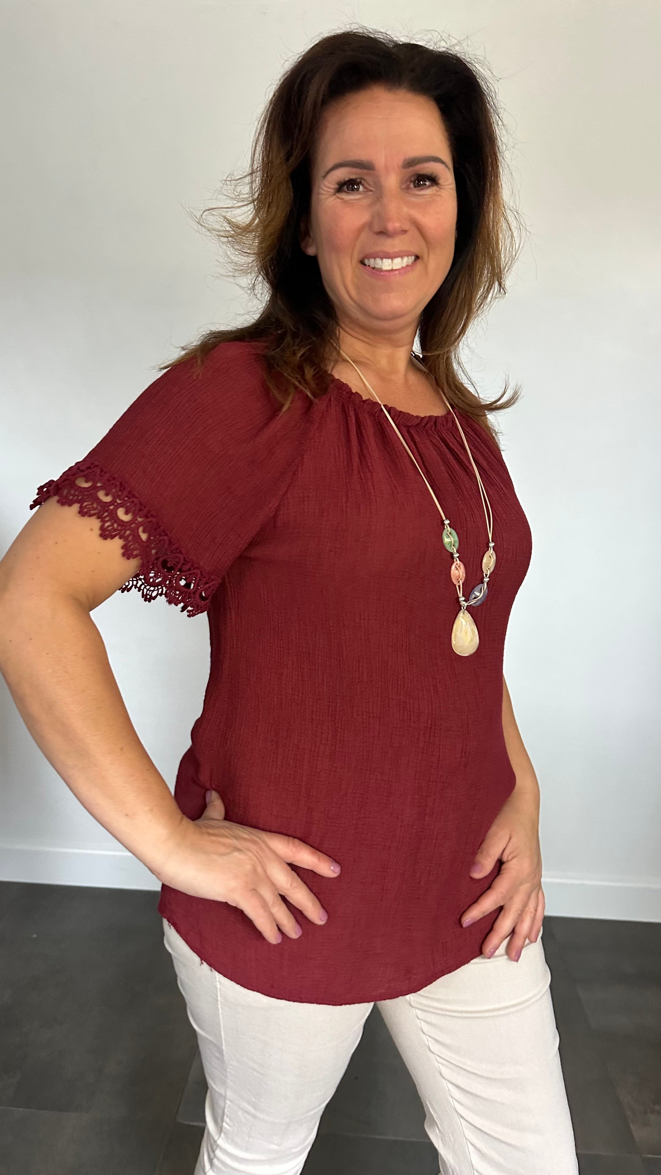 Crinkle shirt met kant bordeaux