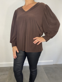 Shirt met v-hals en pofmouw travel donker bruin SALE