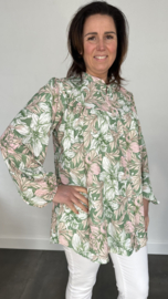 Blouse Lizzy met pofmouw flowers olijf