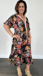 Jurk met elastiek in de taille (soft) gebloemd zwart