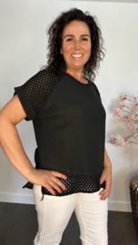Linnenlook shirt met gehaakt kant Zwart