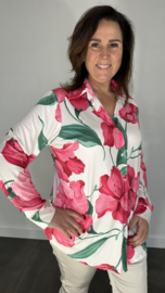 Stretch blouse travel gebloemd fuchsia
