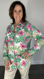 Stretch blouse travel palm flower groen